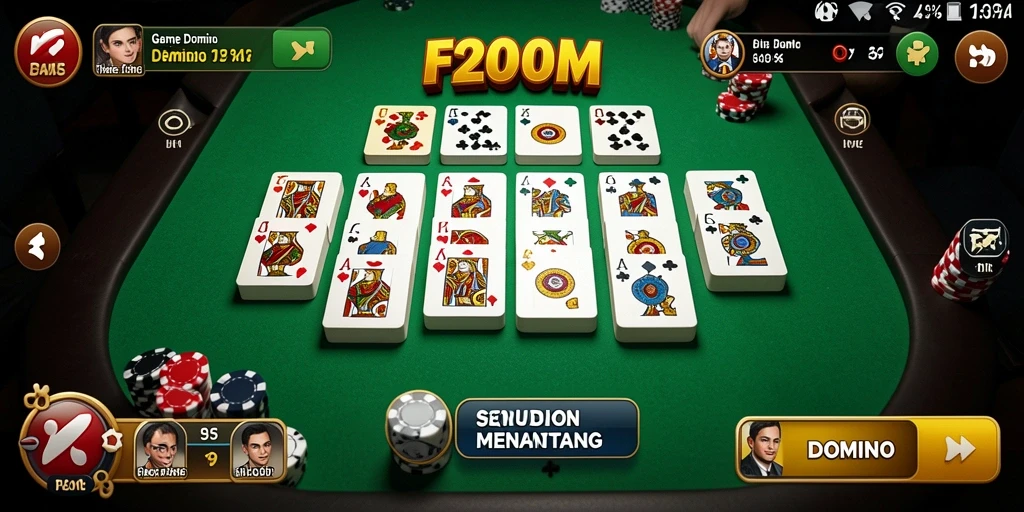 Antarmuka utama F200M menampilkan permainan Domino yang menarik dan interaktif.