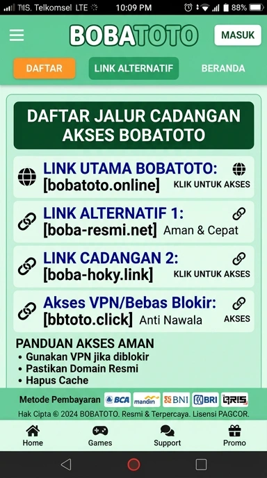 Tampilan link alternatif bobatoto